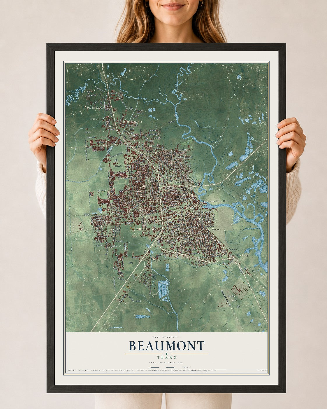Map of Beaumont, Texas, 24 x 36 inch print in a black wood frame