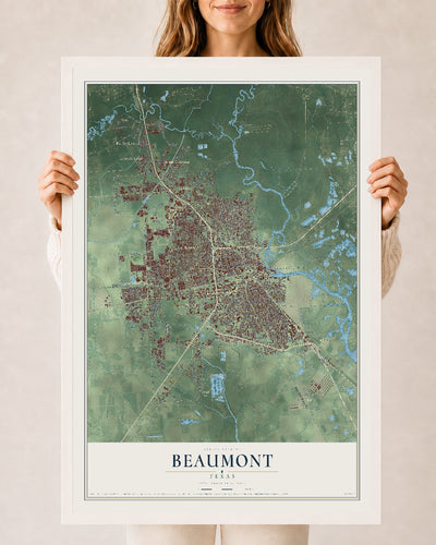 Map of Beaumont, Texas, 24 x 36 inch print in a white wood frame