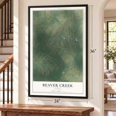 Beaver Creek, Texas map, 24 x 36 inch print in a black frame by a staircase