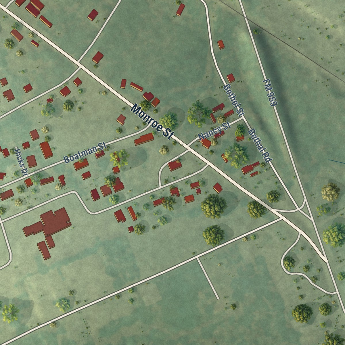Second close-up of the map of Beckville, Texas print showing more streets and buildings