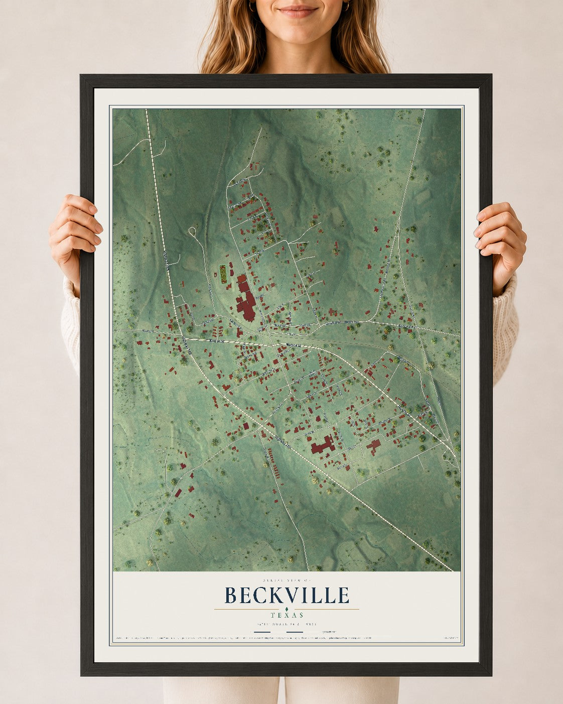 Map of Beckville, Texas, 24 x 36 inch print in a black wood frame
