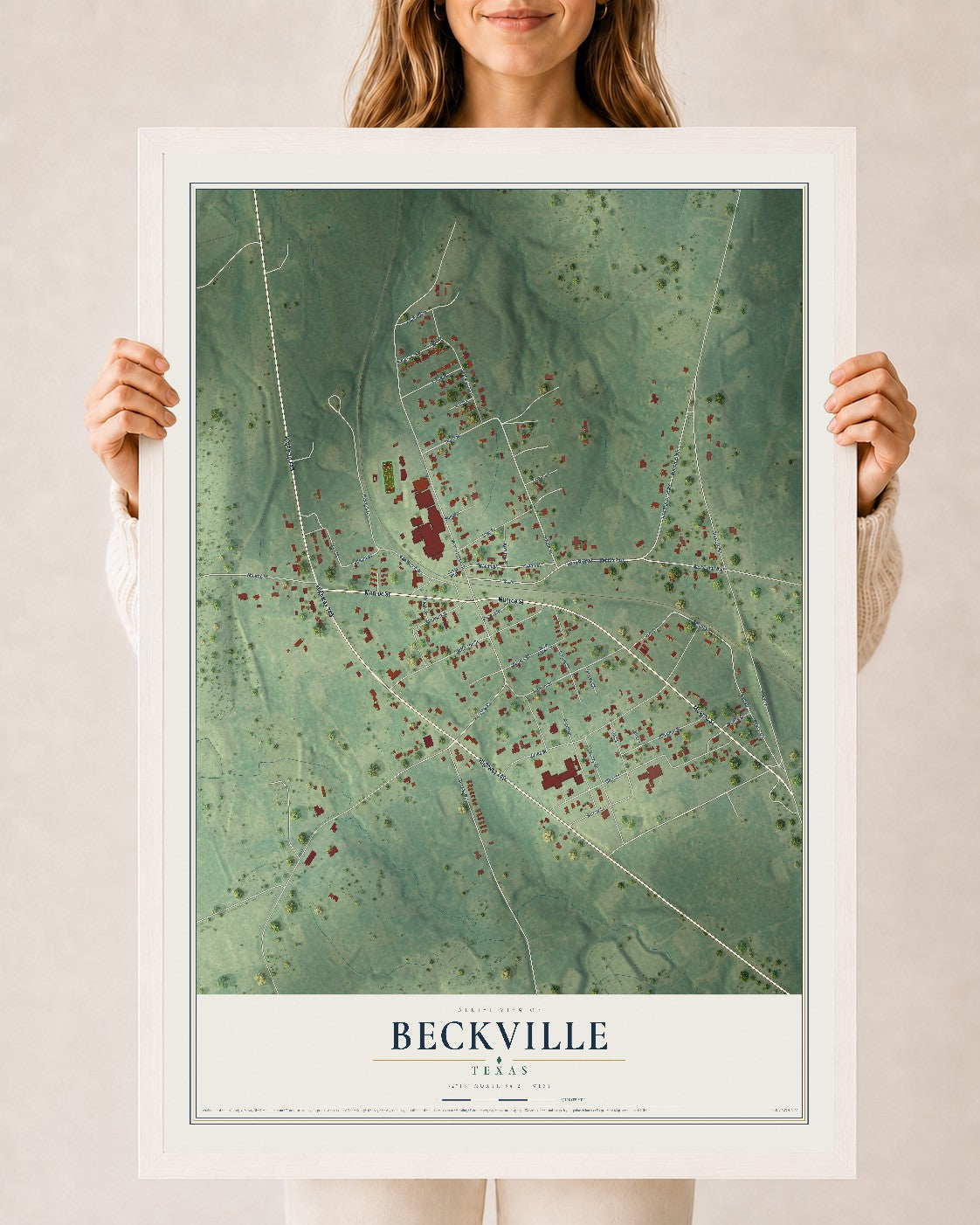 Map of Beckville, Texas, 24 x 36 inch print in a white wood frame