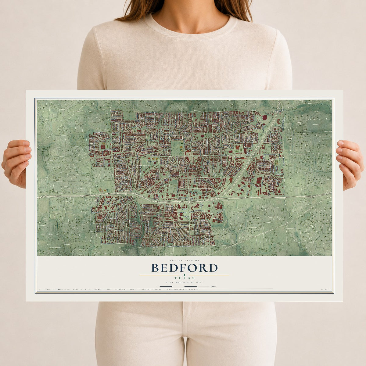 Map of Bedford, Texas, 12 x 18 inch unframed archival matte print
