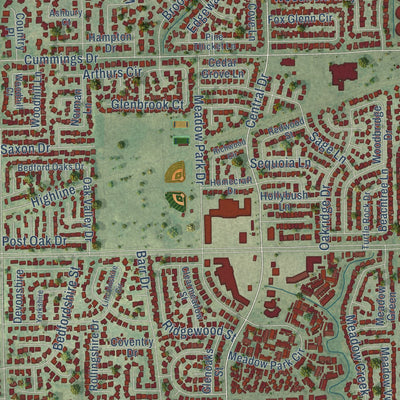 Second close-up of the map of Bedford, Texas print showing more streets and buildings