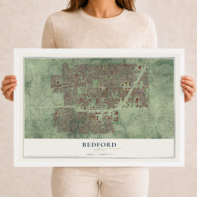 Map of Bedford, Texas, 12 x 18 inch print in a white wood frame