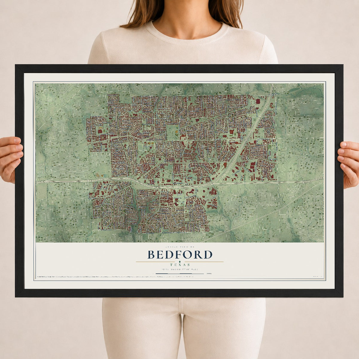 Map of Bedford, Texas, 18 x 24 inch print in a black wood frame