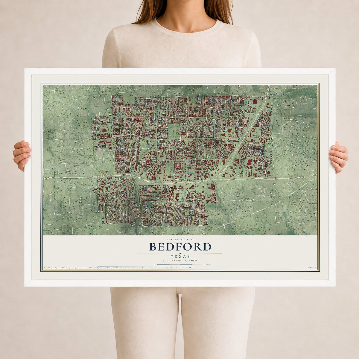 Map of Bedford, Texas, 24 x 36 inch print in a white wood frame