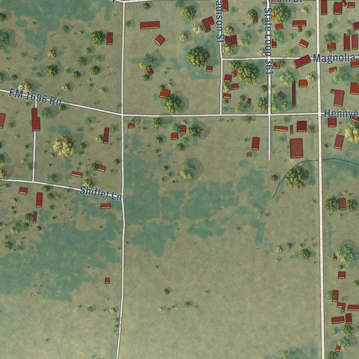Second close-up of the map of Bedias, Texas print showing more streets and buildings
