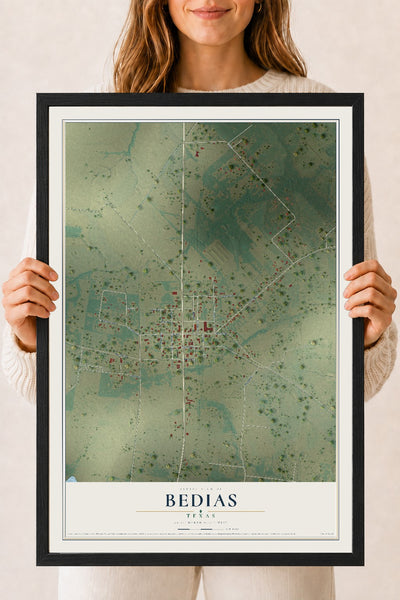Map of Bedias, Texas, 18 x 24 inch print in a black wood frame