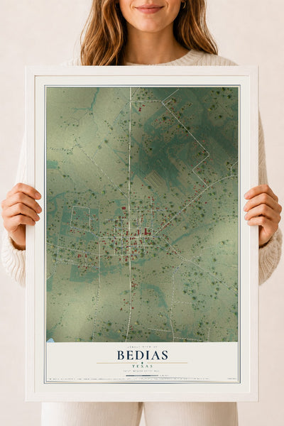 Map of Bedias, Texas, 18 x 24 inch print in a white wood frame