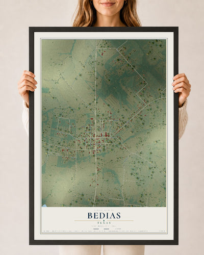 Map of Bedias, Texas, 24 x 36 inch print in a black wood frame