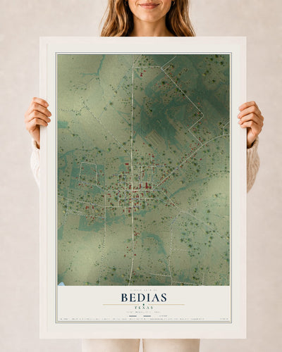 Map of Bedias, Texas, 24 x 36 inch print in a white wood frame