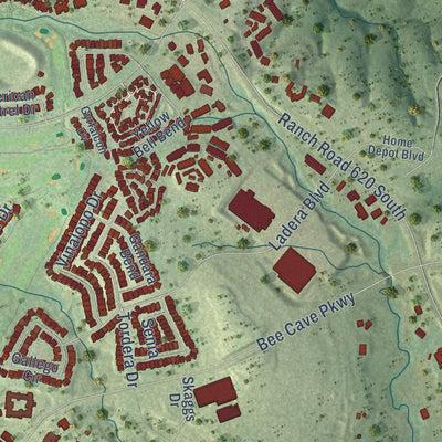 Second close-up of the map of Bee Cave, Texas print showing more streets and buildings