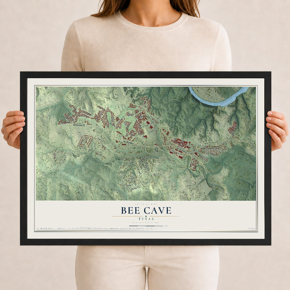 Map of Bee Cave, Texas, 12 x 18 inch print in a black wood frame