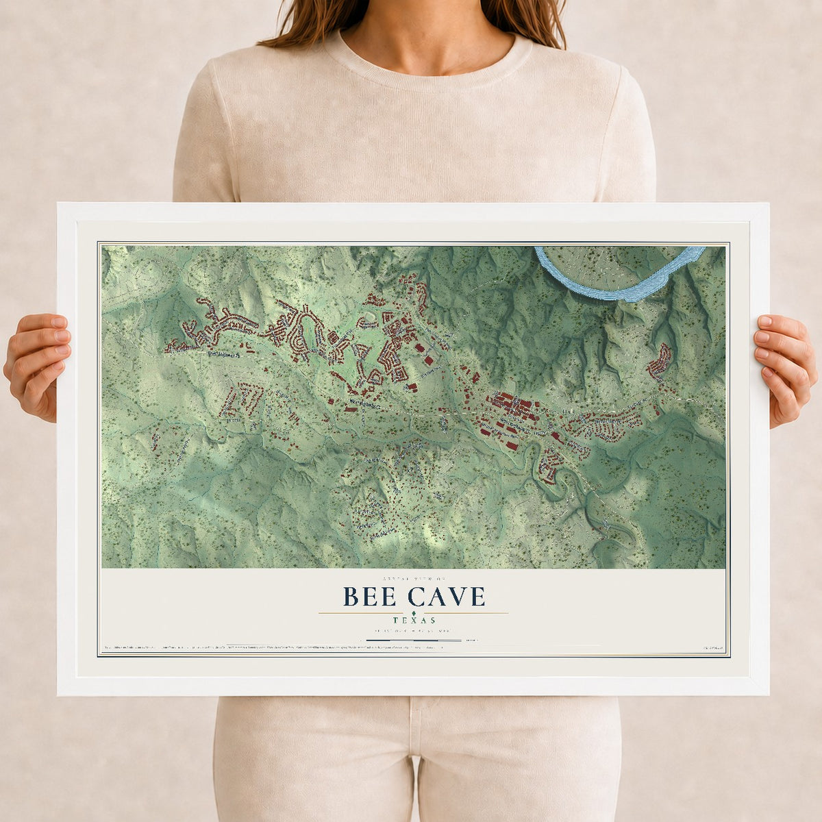 Map of Bee Cave, Texas, 12 x 18 inch print in a white wood frame
