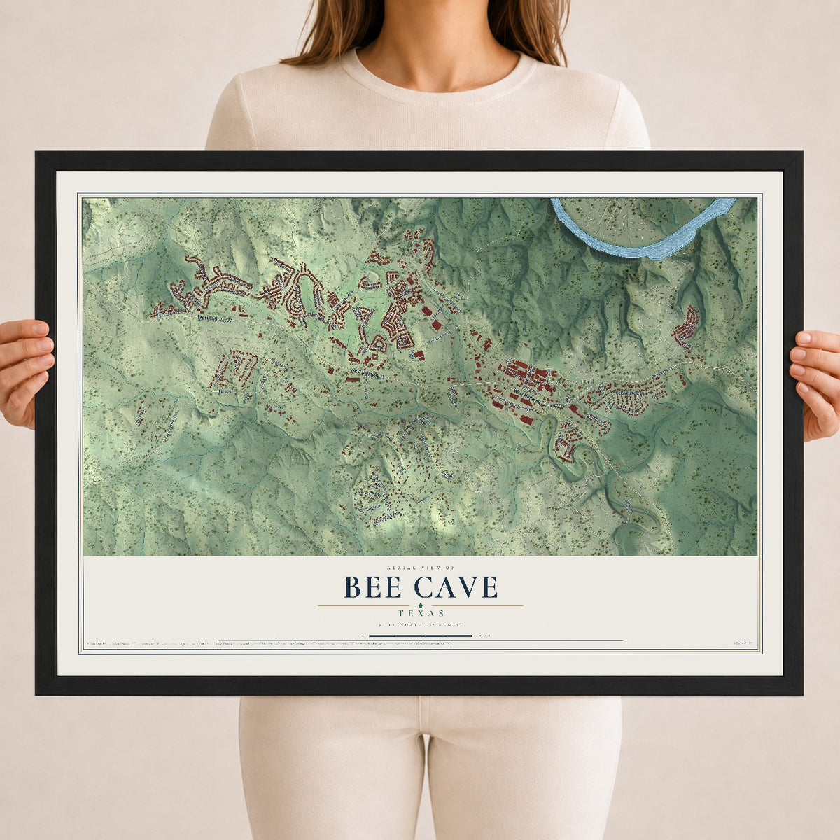 Map of Bee Cave, Texas, 18 x 24 inch print in a black wood frame