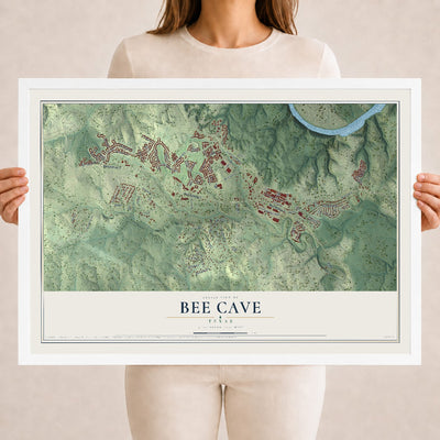 Map of Bee Cave, Texas, 18 x 24 inch print in a white wood frame