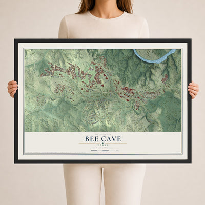 Map of Bee Cave, Texas, 24 x 36 inch print in a black wood frame