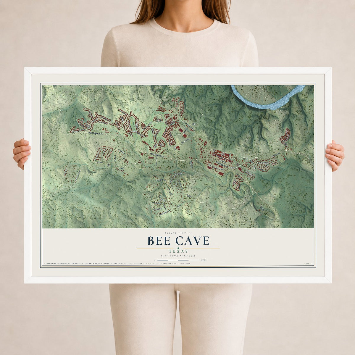 Map of Bee Cave, Texas, 24 x 36 inch print in a white wood frame