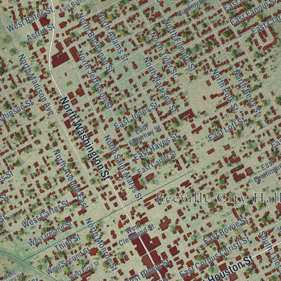 Close-up of the map of Beeville, Texas print showing street and building detail