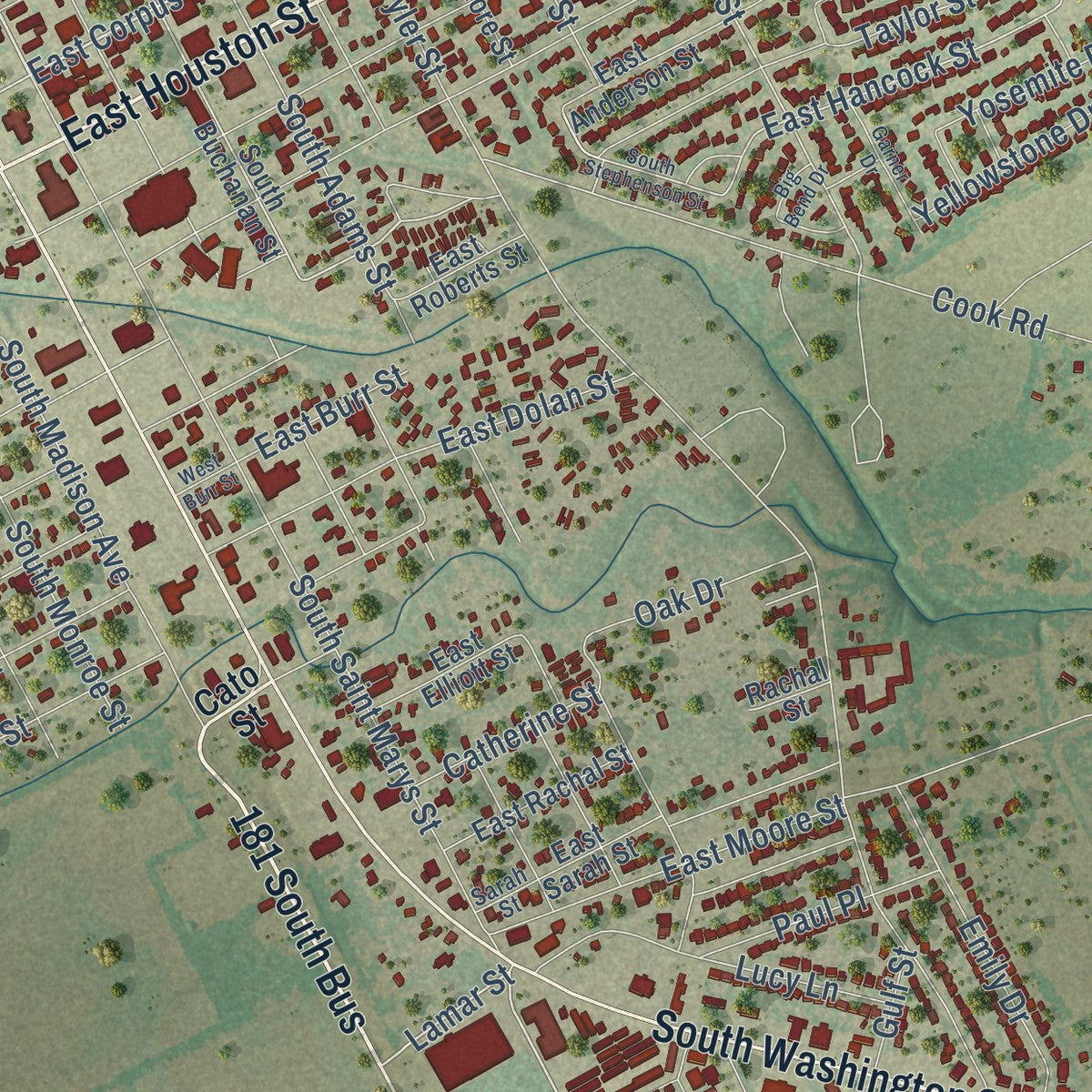 Second close-up of the map of Beeville, Texas print showing more streets and buildings