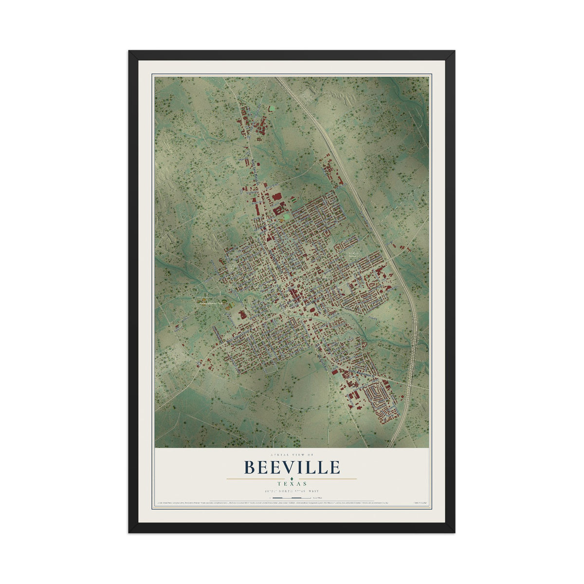 Map of Beeville, Texas, 12 x 18 inch print in a black wood frame