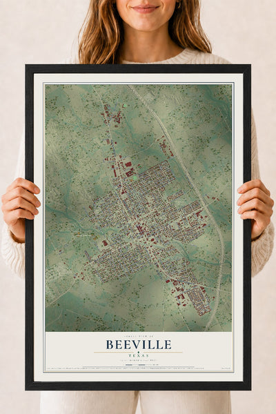 Map of Beeville, Texas, 18 x 24 inch print in a black wood frame