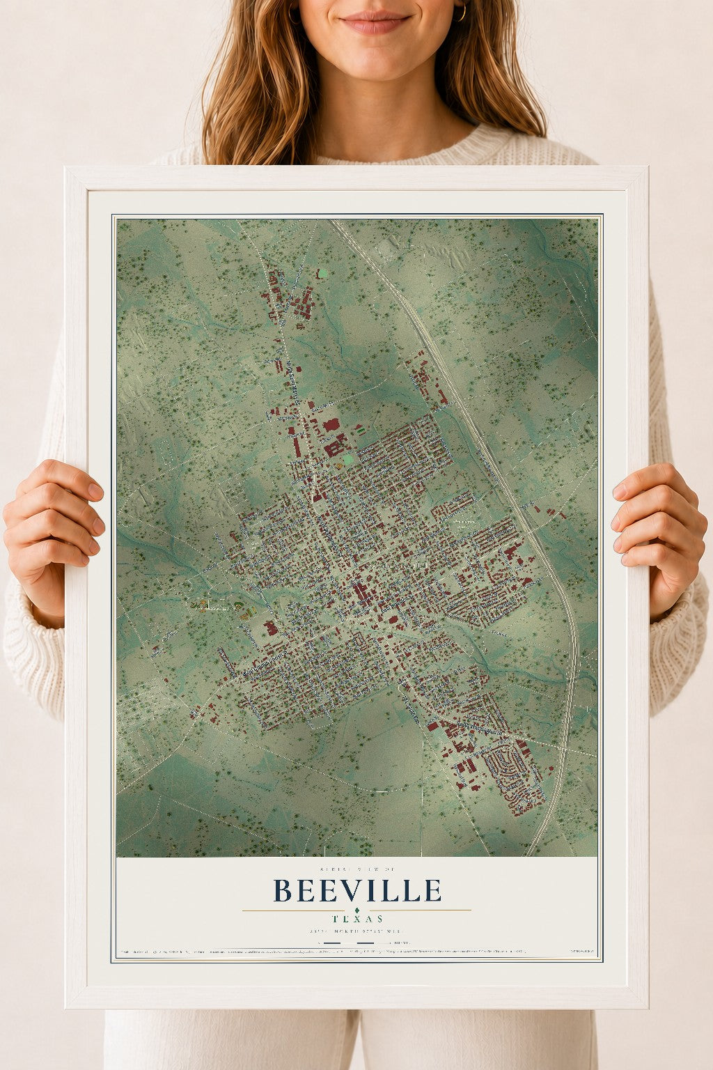 Map of Beeville, Texas, 18 x 24 inch print in a white wood frame