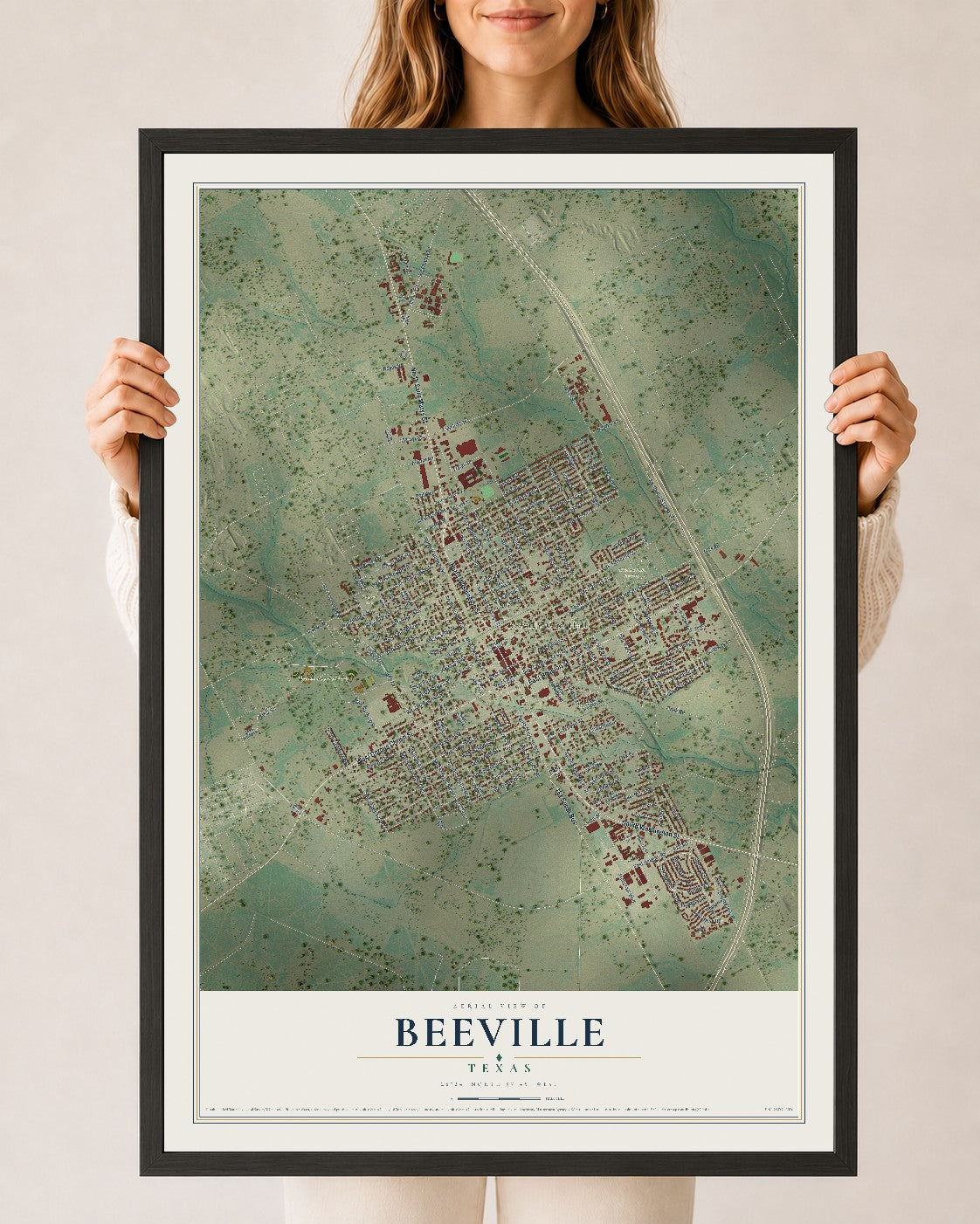 Map of Beeville, Texas, 24 x 36 inch print in a black wood frame