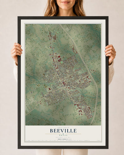 Map of Beeville, Texas, 24 x 36 inch print in a black wood frame
