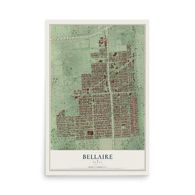 Map of Bellaire, Texas, 12 x 18 inch unframed archival matte print
