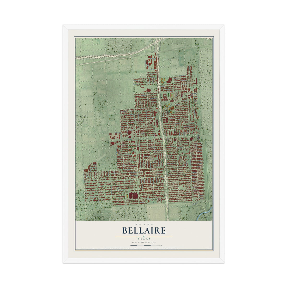 Map of Bellaire, Texas, 12 x 18 inch print in a white wood frame