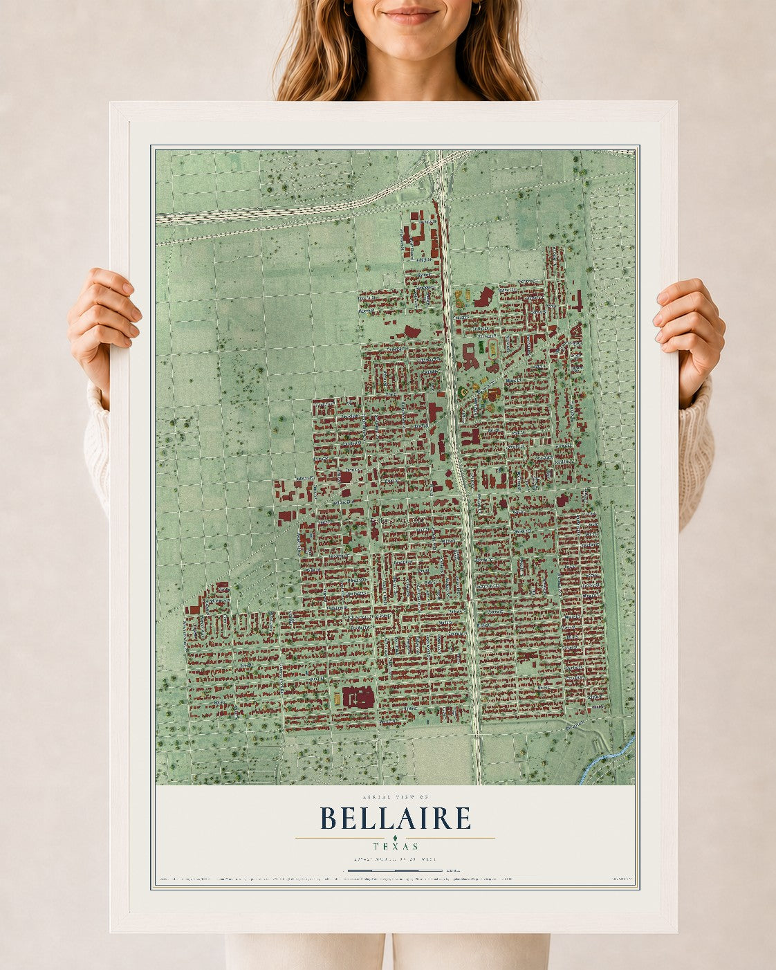 Map of Bellaire, Texas, 24 x 36 inch print in a white wood frame