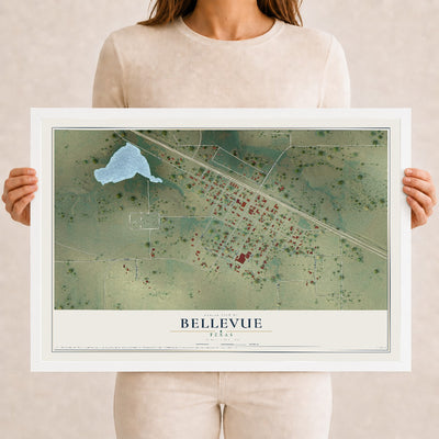 Map of Bellevue, Texas, 12 x 18 inch print in a white wood frame