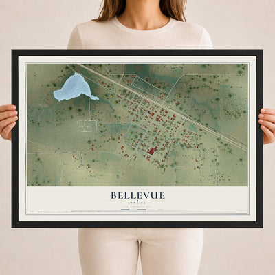 Map of Bellevue, Texas, 18 x 24 inch print in a black wood frame