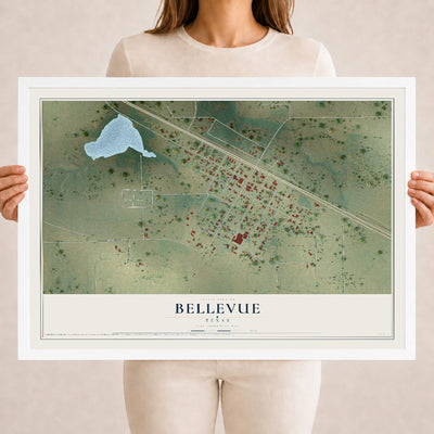 Map of Bellevue, Texas, 18 x 24 inch print in a white wood frame