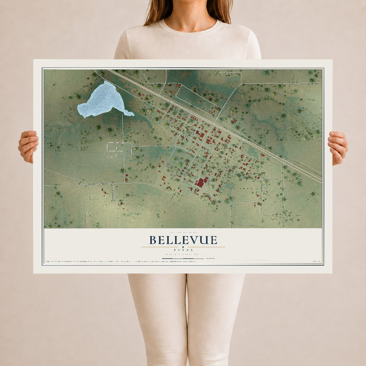 Map of Bellevue, Texas, 24 x 36 inch unframed archival matte print