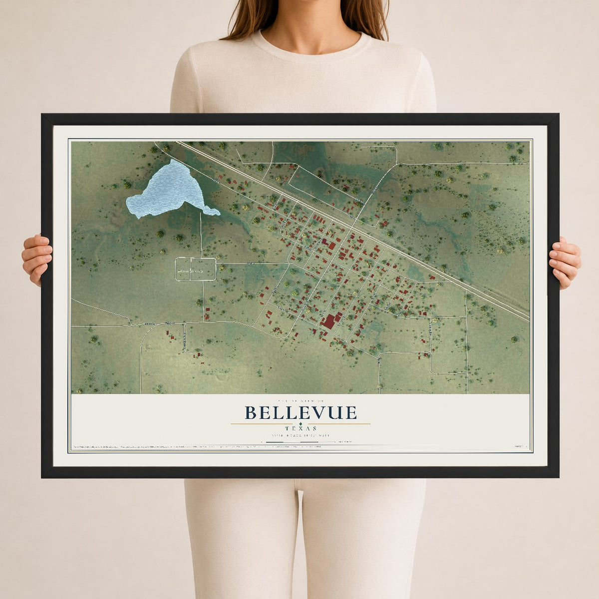 Map of Bellevue, Texas, 24 x 36 inch print in a black wood frame
