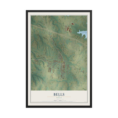 Map of Bells, Texas, 12 x 18 inch print in a black wood frame