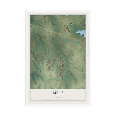 Map of Bells, Texas, 12 x 18 inch print in a white wood frame