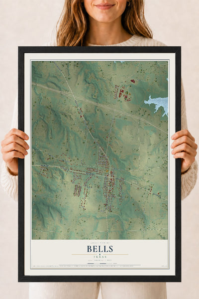 Map of Bells, Texas, 18 x 24 inch print in a black wood frame