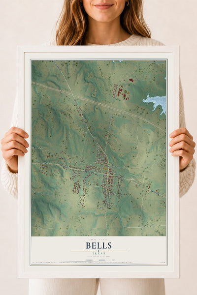 Map of Bells, Texas, 18 x 24 inch print in a white wood frame
