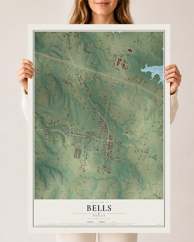 Map of Bells, Texas, 24 x 36 inch unframed archival matte print