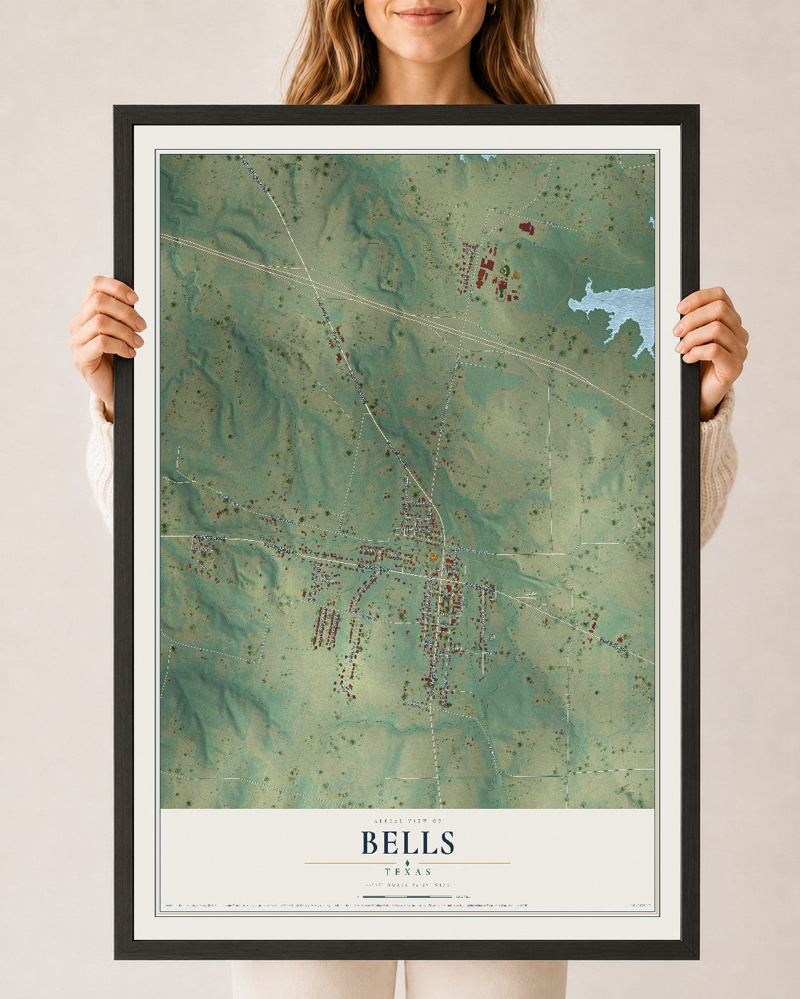 Map of Bells, Texas, 24 x 36 inch print in a black wood frame