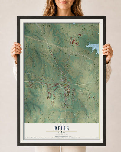 Map of Bells, Texas, 24 x 36 inch print in a black wood frame