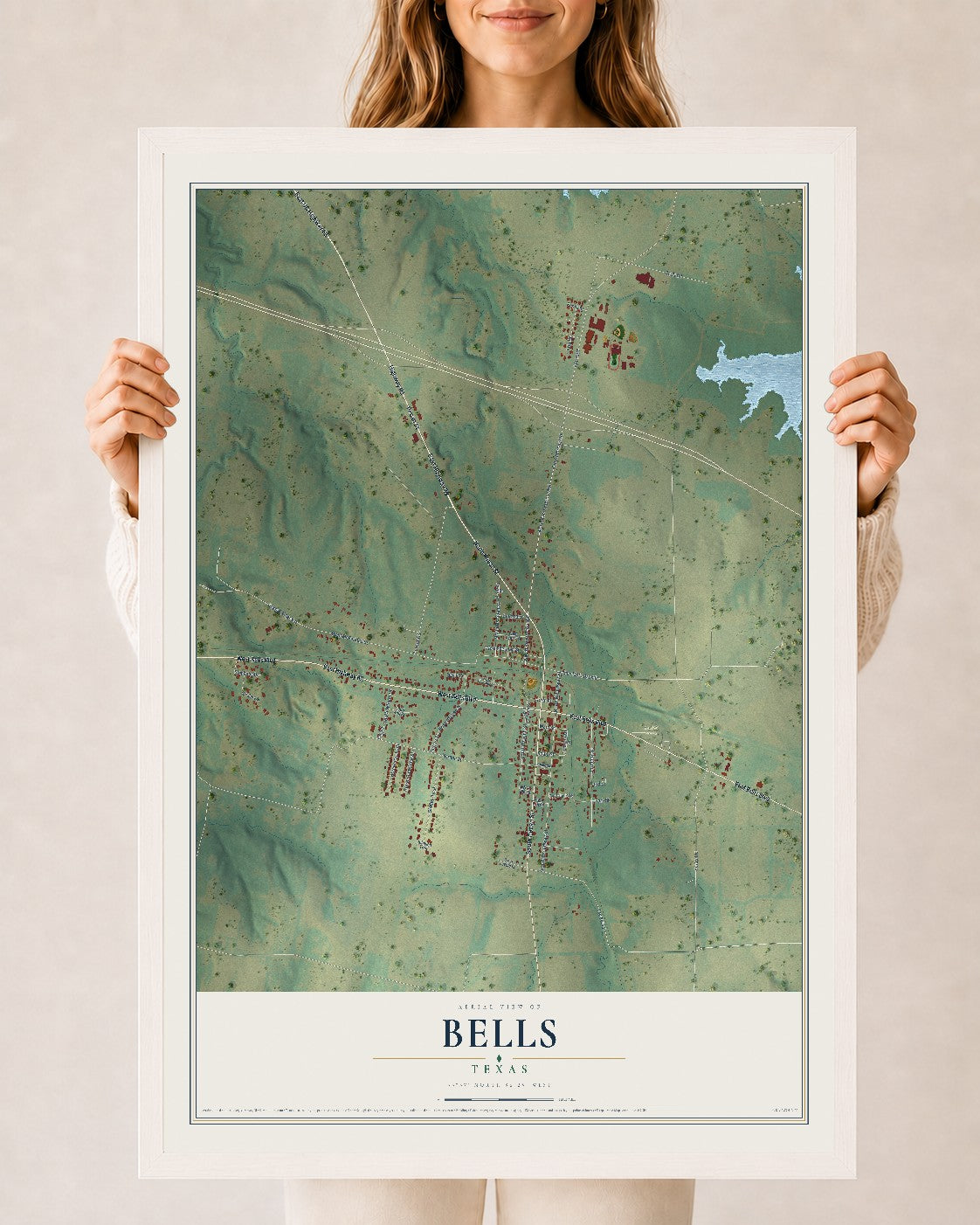 Map of Bells, Texas, 24 x 36 inch print in a white wood frame