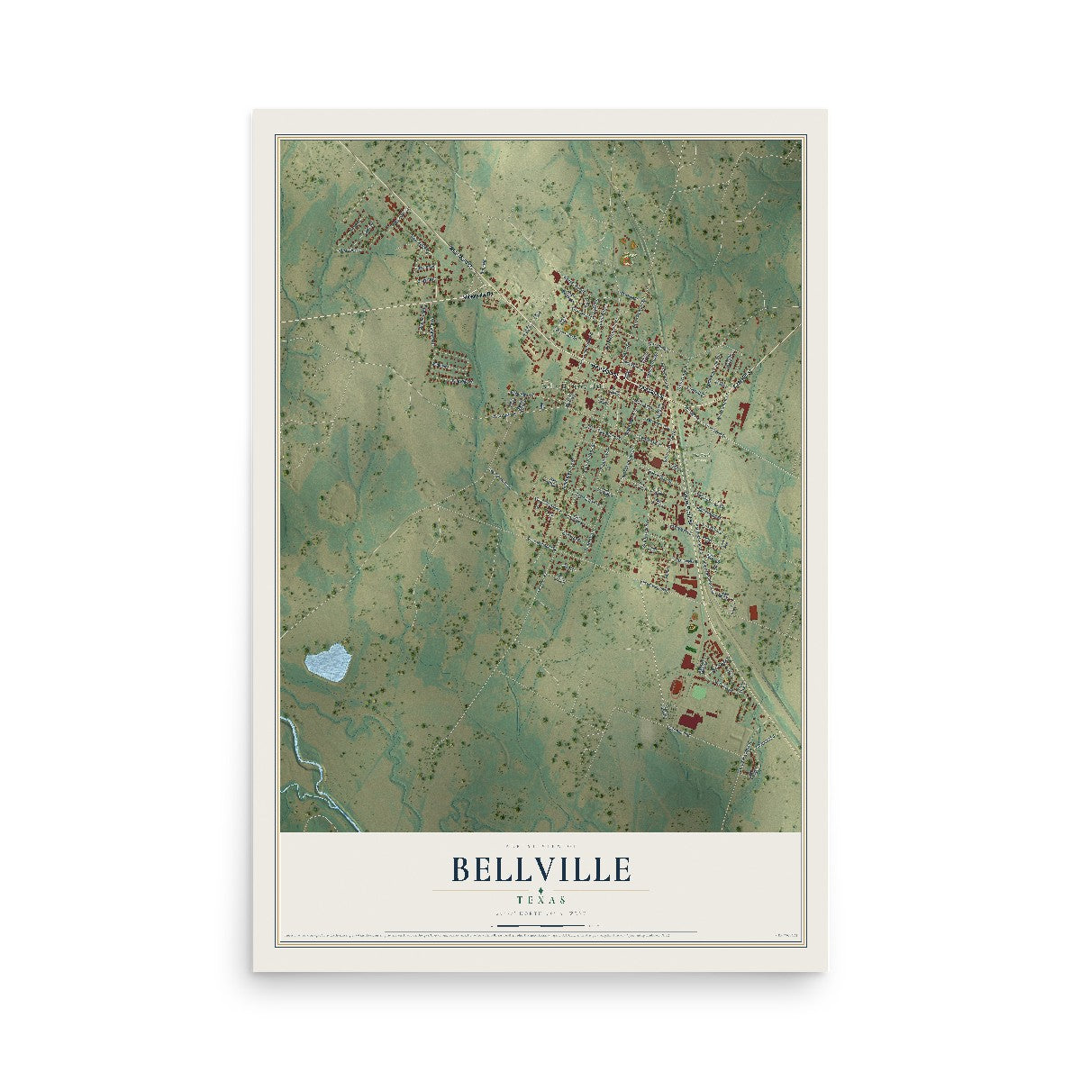 Map of Bellville, Texas, 12 x 18 inch unframed archival matte print