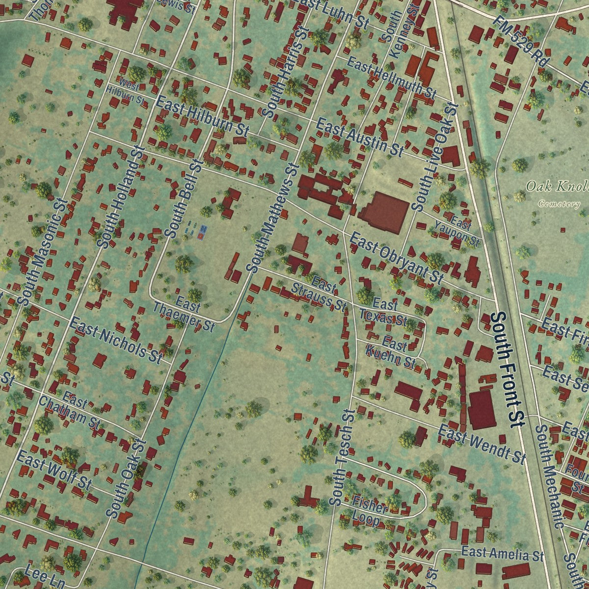 Close-up of the map of Bellville, Texas print showing street and building detail