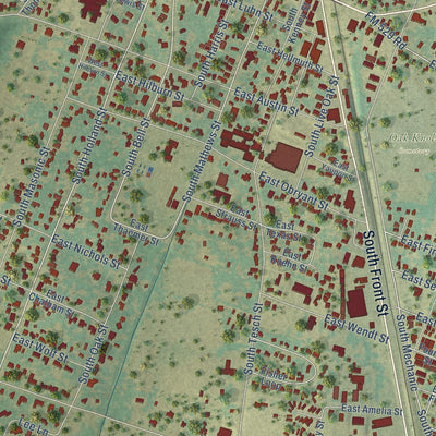 Close-up of the map of Bellville, Texas print showing street and building detail