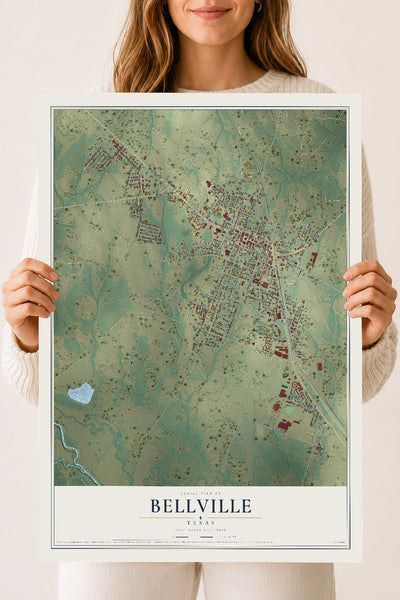 Map of Bellville, Texas, 18 x 24 inch unframed archival matte print